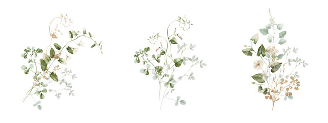 Watercolor wildflower floral illustration set - green gold flower daisy ivy wreath frame border bouquet. Wedding stationary, greetings, wallpaper, fashion, background, textile. Eucalyptus, olive, ivy.