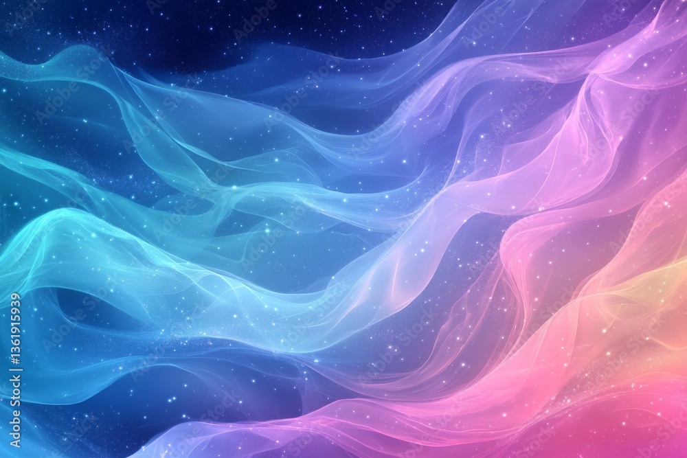 Poster Colorful wave patterns create a dreamy atmosphere in a cosmic background filled with stars