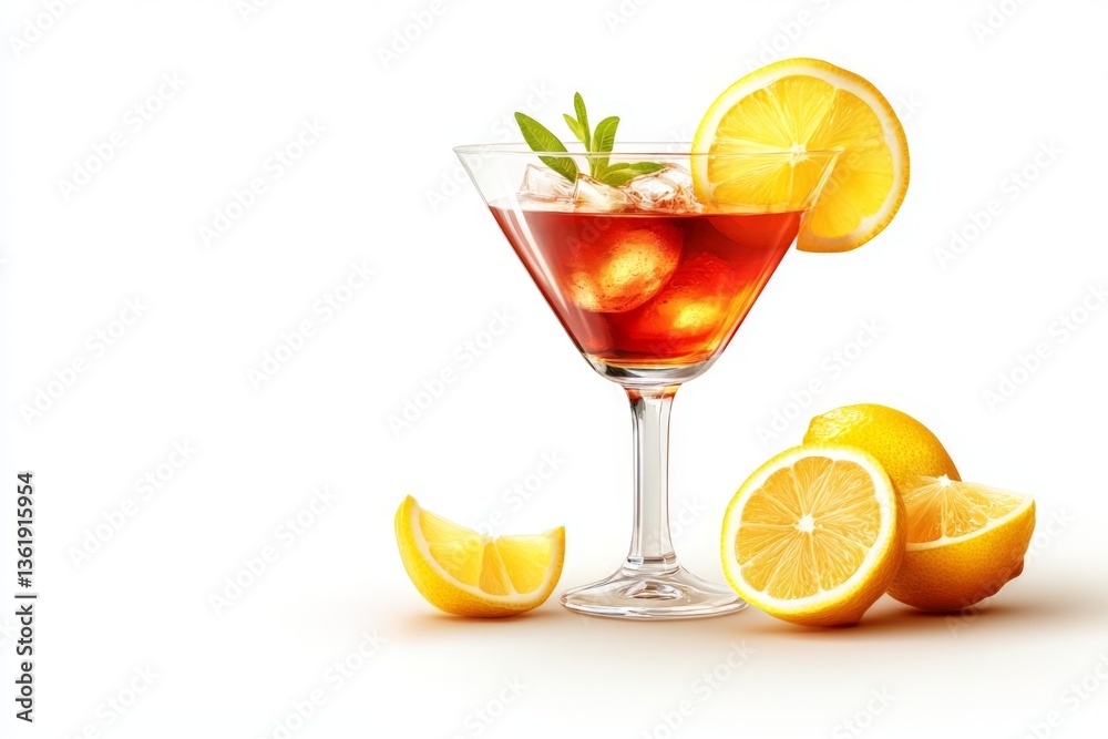 Poster refreshing cocktail served in a glass garnished with lemon slices and mint leaves on a plain backgro