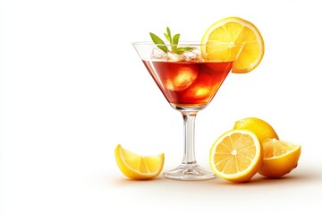 Fototapeta premium Refreshing cocktail served in a glass garnished with lemon slices and mint leaves on a plain background