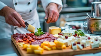 Chef Preparing Gourmet Cheese and Meat Platter