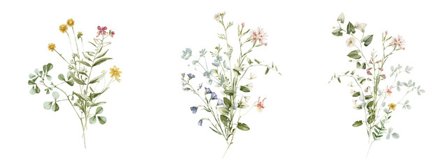 Watercolor wildflower floral illustration set - green gold flower daisy ivy wreath frame border bouquet. Wedding stationary, greetings, wallpaper, fashion, background, textile. Eucalyptus, olive, ivy.
