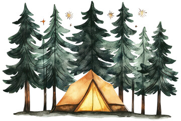 A cozy tent nestled among tall evergreen trees, illuminated from within, creating a warm and inviting atmosphere.