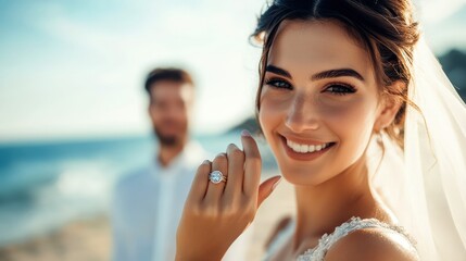 Joyful bride showing her engagement ring on a beautiful beach setting