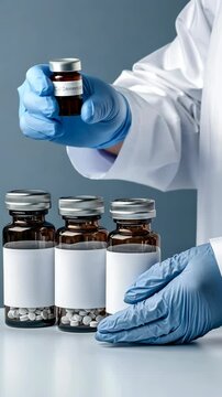 Health professional prepares medication bottles in a clinical setting focusing on patient care and safety measures