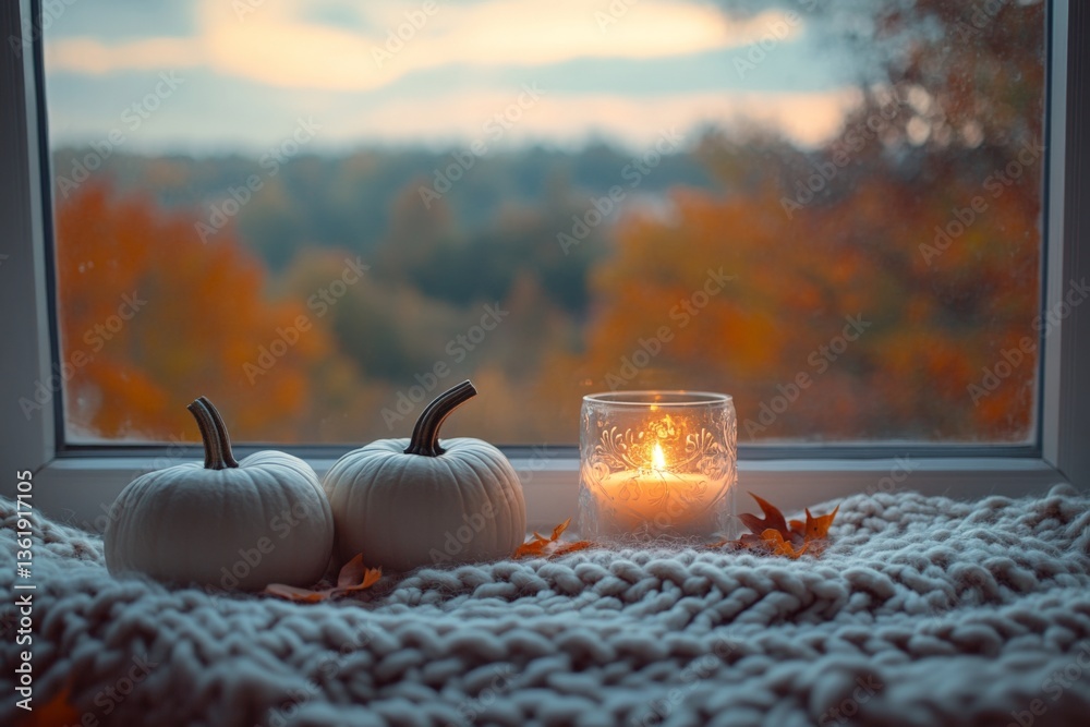 Poster cozy autumn window display with white pumpkins and candle in a scenic fall setting