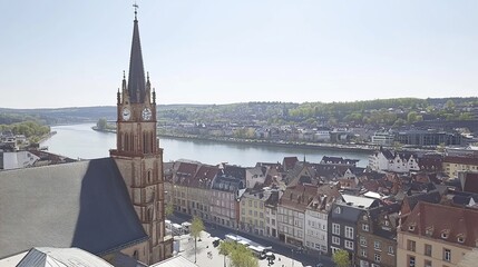 Obraz premium River city church aerial view, sunny day, tourism