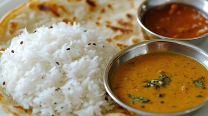 Indian cuisine with rice, curry, and flatbread served in metal bowls. Use for blog posts or recipe cards about Indian food and culture.