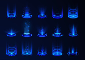 Futuristic portal hologram round circle square cyber realistic vector illustration set tech game virtual abstract stage laboratory space science fiction yellow red purple blue holographic gate png