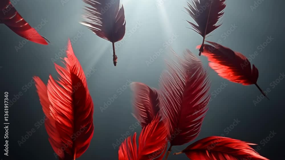 Aufkleber A bunch of red feathers are flying in the air. They are all different sizes and shapes. The feathers are scattered all over the image