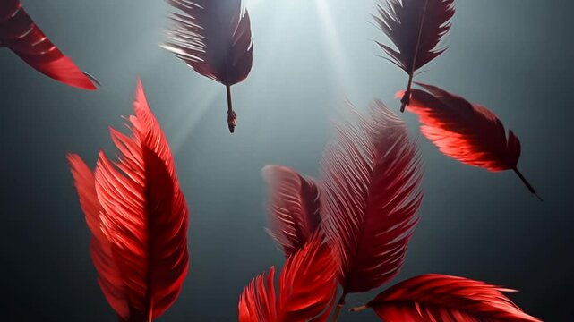 A bunch of red feathers are flying in the air. They are all different sizes and shapes. The feathers are scattered all over the image