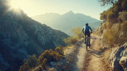 Obraz premium Scenic Mountain Biking Adventure on Dusty Trail at Sunrise