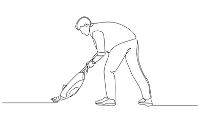 Fototapeta premium Continuous single line of man using vacuum cleaner for cleaning room and floor from dust. Housekeeping home tool appliance sketch drawing editable stroke vector illustration