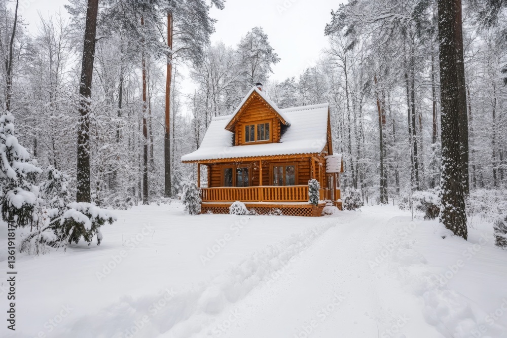 Aufkleber Charming wooden cabin surrounded by snow-covered trees in a serene winter forest setting