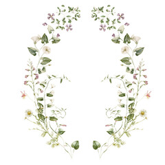 Watercolor wildflower floral illustration - green gold leaf flower ivy wreath frame, for wedding stationary, greetings, wallpapers, fashion, background, textile. Eucalyptus, olive, green leaves, etc.