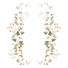 Watercolor wildflower floral illustration - green gold leaf flower ivy wreath frame, for wedding stationary, greetings, wallpapers, fashion, background, textile. Eucalyptus, olive, green leaves, etc.