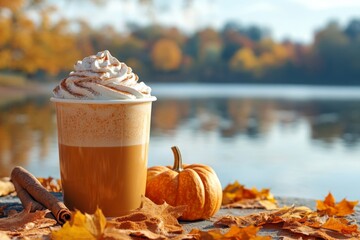 Warm autumn beverage surrounded by colorful leaves and a mini pumpkin by the lakeside in late afternoon sunlight