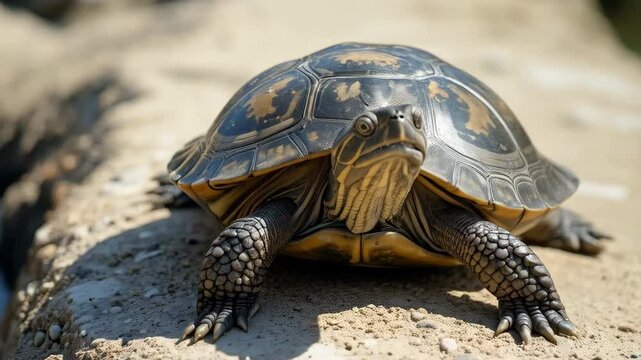 A Close Up of a Striped Turtle Crawling on Sandy Ground in Sunlight