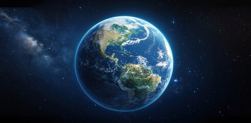 Obraz premium Earth view from space, showcasing continents, oceans, and atmosphere in stunning cosmic backdrop