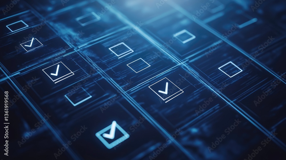 Poster a close-up view of digital checkboxes illuminated in blue on a futuristic interface, showcasing data