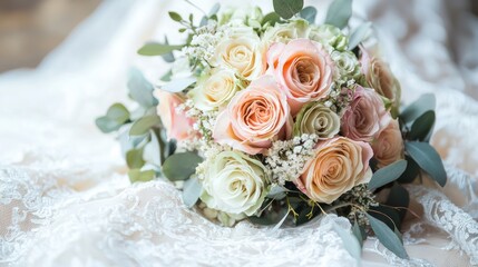 A beautiful pastel bouquet resting on a wedding dress