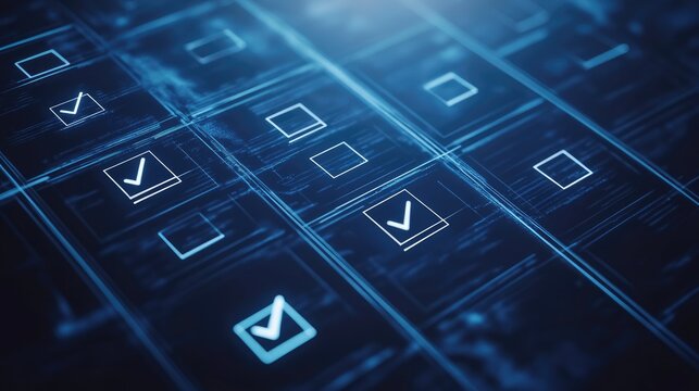 A close-up view of digital checkboxes illuminated in blue on a futuristic interface, showcasing data validation