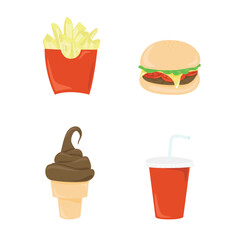 Colorful Fast food on white background. Fast food hamburger restaurant, tasty set fast food meal and unhealthy fast food classic nutrition in flat style.
