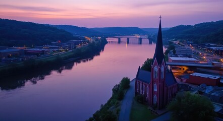 Fototapeta premium Wheeling West Virginia: Aerial View of Ohio River at Dusk from Up High Perspective
