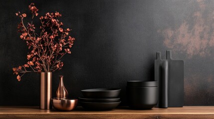 Black ceramic bottles with red flowers on wooden shelf