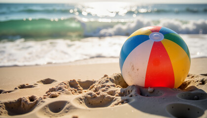 Obraz premium Colorful beach ball resting on sandy shore by the ocean 