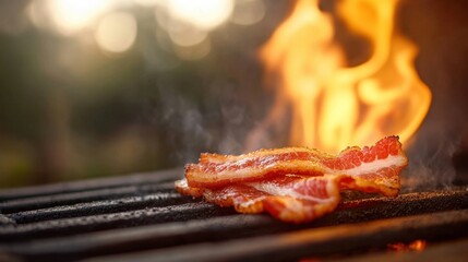 Grilled Bacon Strips Sizzling on a Hot Grill with Flames and Smoke in the Background, Capturing the Essence of Summer Barbecues