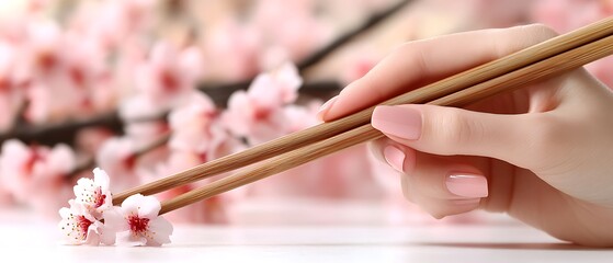 A hand holding chopsticks and delicately arranging flower blossoms