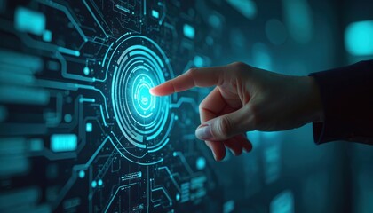 Hand touches digital button interface. Incident management business technology concept. Finger presses futuristic screen. operations, process identifying solving problems. Cybersecurity, data