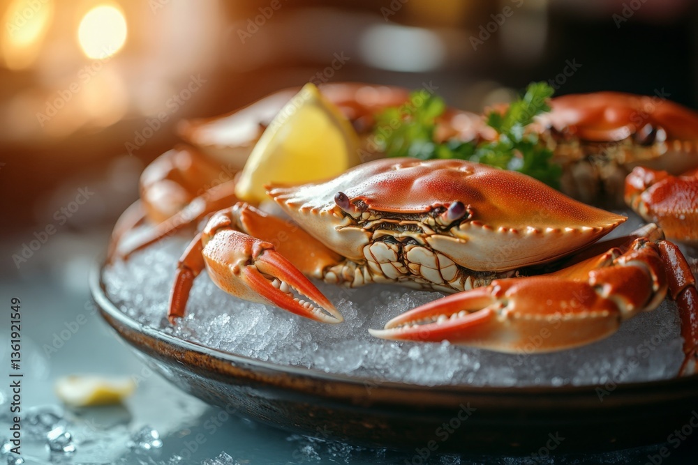 Aufkleber crab dish served on ice with lemon and garnish at a seafood restaurant during evening hours
