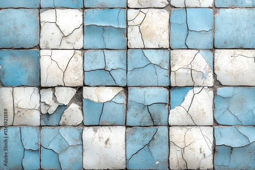 Fototapete Textured blue and white cracked tiles create a rustic pattern in an urban setting providing a glimpse into weathered architecture