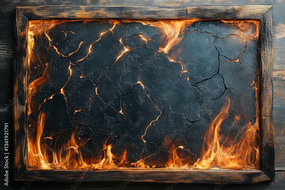 Poster cracked black surface surrounded by flames in a rustic wooden frame creating a dramatic visual