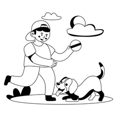 Boy Playing With A Dog   Vector Style Outline illustration. Eps 10 File 