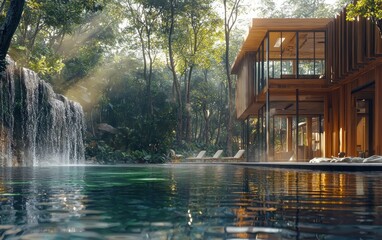 Fototapeta premium Tranquil resort nestled in lush forest. Modern wooden architecture, reflecting pool, and cascading waterfall create a serene atmosphere. Sunlight streams through trees