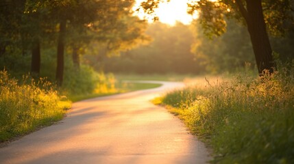 Fototapeta premium Serene Winding Path Through Lush Green Trees at Sunset with Warm Golden Light and Gentle Nature Scenery for Peaceful Escape or Relaxation