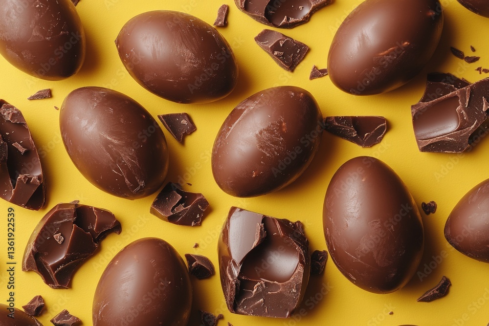 Aufkleber Chocolate eggs and shards scattered on yellow surface create a vibrant and indulgent confectionery display
