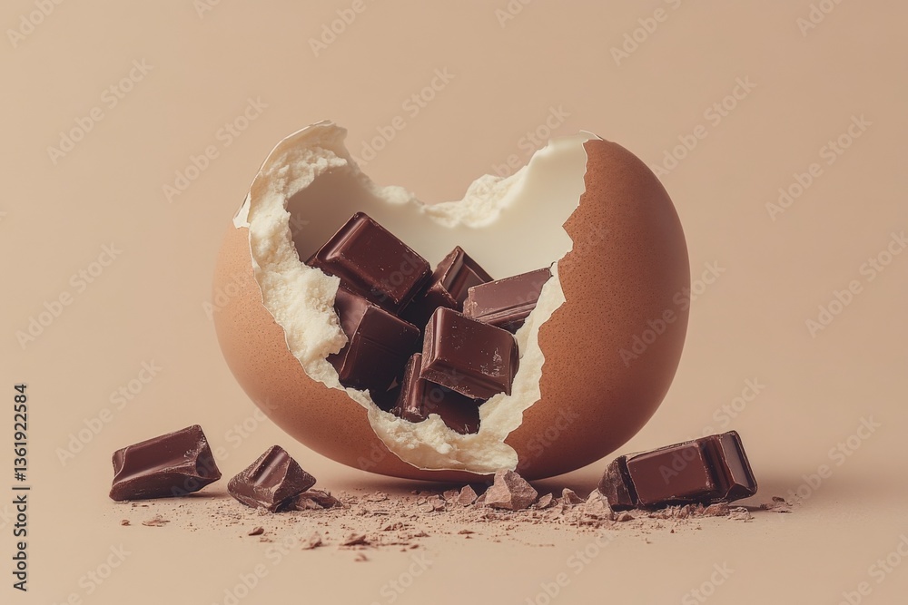 Poster chocolate pieces inside a broken eggshell on a light background create an enticing dessert concept