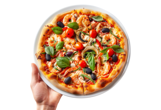 Hand holding Frutti di Mare Style pizza isolated on white transparent background. Concept of fast food and homemade pizza.