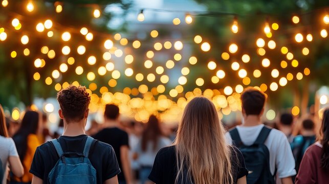 Young adults at outdoor festival with string lights in park setting
