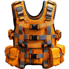 High-visibility industrial vest with adjustable straps and pockets isolated on transparent background