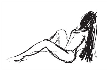 Vector illustration of woman. Charcoal girl. Ugly drawing. Hand drawn. Curved lines. Chaos of lines. Sketch of person. Scribble art. Creative drawing. Chaotic process of lines. Woman without face. 