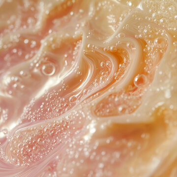 Close-up of biopolymer solutions collagen keratin chitosan mixing in beaker swirling patterns enhanced by soft diffused light