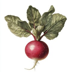 A close-up shot of an organic radish, just harvested, with lively green leaves, presented against a simple white background to showcase its natural appearance