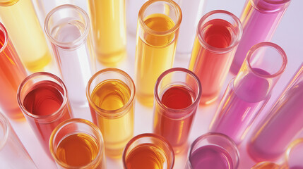 Flat lay of test tubes with biopolymers labeled scientifically warm lighting adds subtle reflections minimalist aesthetic enhances clean composition