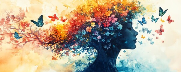 Beautiful watercolor representation of a womans mind