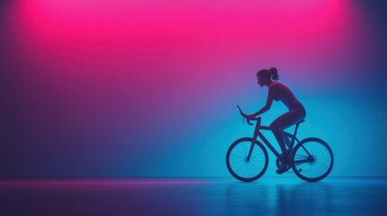 Fototapeta premium Woman Riding Bicycle in Colorful Neon Lights Under Vibrant Pink and Blue Glow in Dark Space for Fitness and Health Concepts